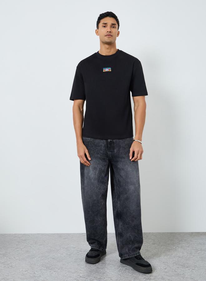 Styli Men Black Oversized Embroidered T-Shirt - Image 2